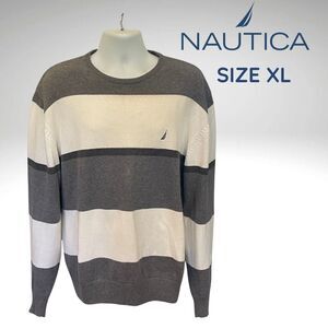 Nautica Men’s Sweater XL – Gray & White Bold Stripe Crewneck Pullover